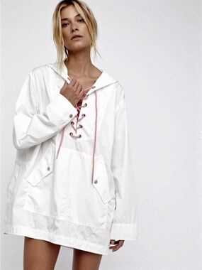Free People White Hooded Lace-Up Poplin tunic Jacket with Pink Drawcords